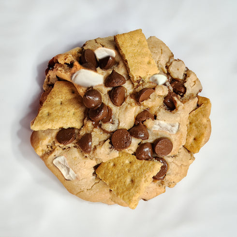 UniCookies Smore Unity. S'mores cookies with dairy free chocolate morsels, graham crackers, and gelatin free marshmallows. The best vegan cookie. Enlarged for details.